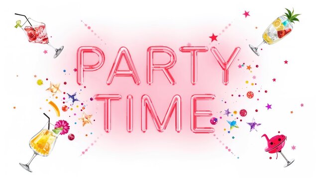Vibrant neon 'party time' text alongside cocktails on a clean white surface. Digital image symbolizing celebration, drinks, and entertainment.