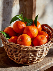 Basket of fresh oranges with leaves in rustic setting.