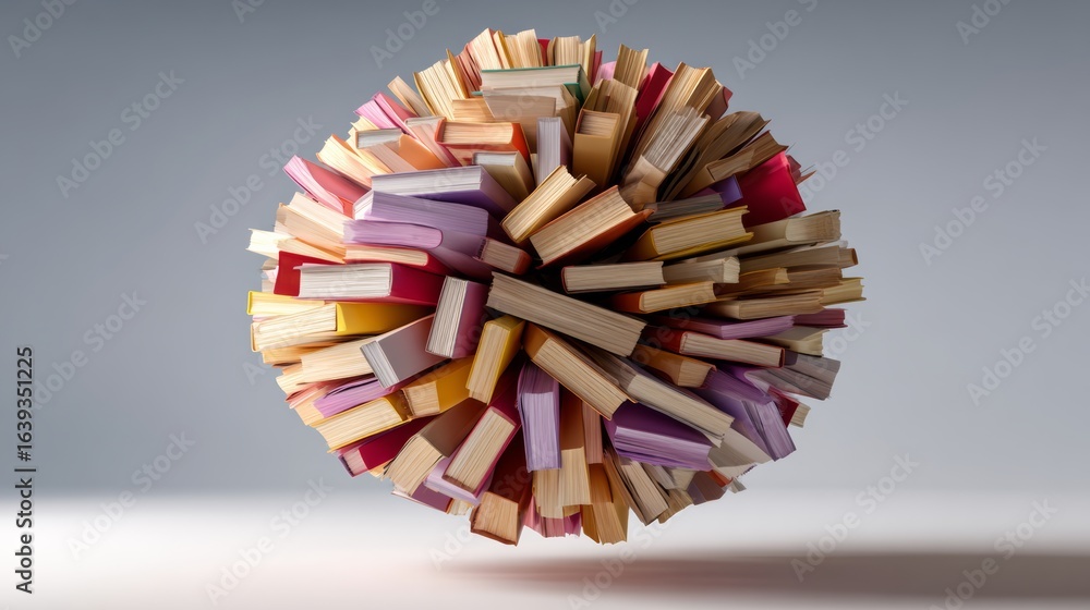Poster pile of books is shown in a round shape. the books are of different colors and sizes, and they are s