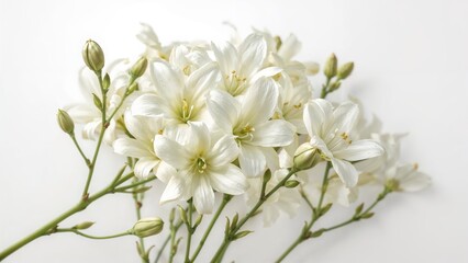 Obraz premium White freesias and their blossoms against a pale backdrop