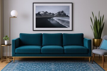 Modern Living Room with Teal Velvet Sofa, Framed Landscape Artwork, and Minimalist Floor Lamp