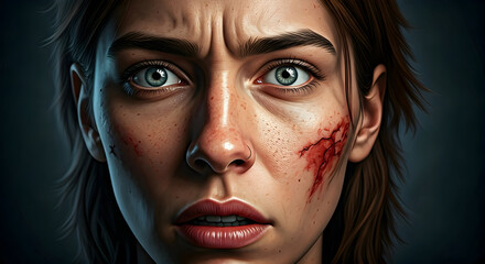 A detailed portrait of a determined young woman her face marked by struggle and resilience This image is ideal for storytelling in games or concept art.