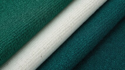 Close-up of knit patterns on trio of sweaters in green, white, and blue hues
