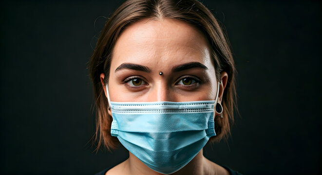 A headshot of a person wearing a medical mask featuring a unique forehead piercing This image is ideal for illustrating health precautions and personal expression in contemporary settings