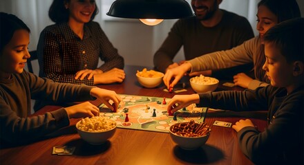Happy family playing a board game together at home at night.