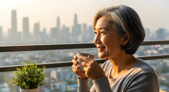 Senior Asian woman enjoying coffee with city view at sunrise - Powered by Adobe