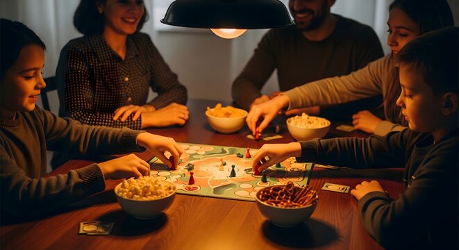 Happy family playing a board game together at home at night.
