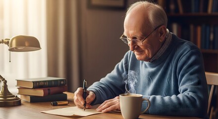 Senior man writing a letter with a fountain pen at a desk.