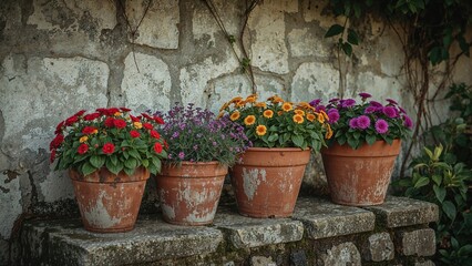 Naklejka premium Floral arrangements in pots set against an ancient stone facade