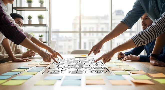 Creative team planning project strategy with a flowchart diagram