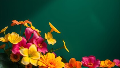 Vibrant bouquet of colorful flowers arranged against a deep teal backdrop.