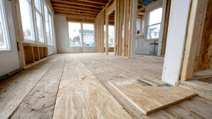 Unfinished house interior with wooden framework and flooring.