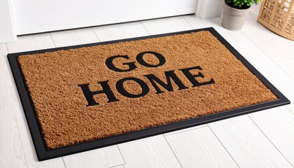 Bold doormat made of coarse brown coir with black border and large capital letters saying “GO HOME” — perfect for a cheeky welcome or a playful warning.