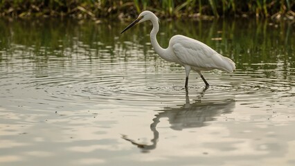 Naklejka premium Fishing scene featuring a graceful white heron and water reflections