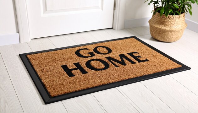 Bold doormat made of coarse brown coir with black border and large capital letters saying “GO HOME” — perfect for a cheeky welcome or a playful warning.