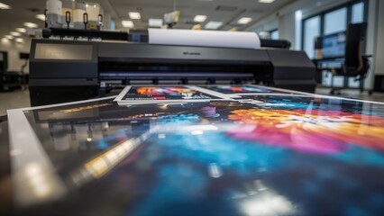 Advertising and graphic design theme featuring a close-up of a wide-format printer