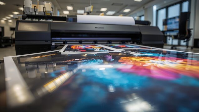 Advertising and graphic design theme featuring a close-up of a wide-format printer