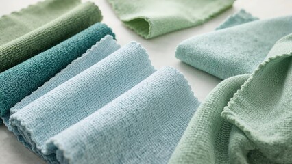 Two microfiber cloths in green and light blue displayed against white