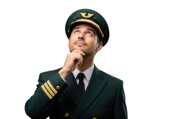 Thoughtful male pilot looking up isolated on a transparent background

