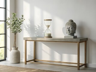 Modern Minimalist Console Table with Buddha Statue and Hourglass in a Sunlit Room