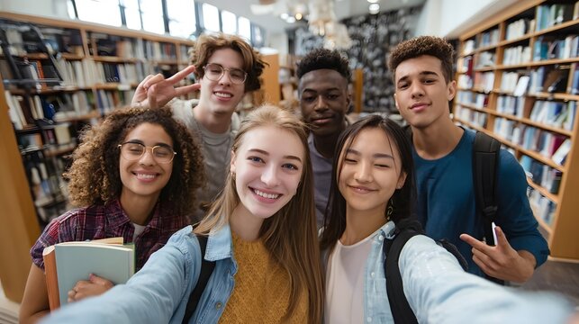 A group of diverse young adults taking a selfie in a well-lit library.