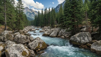 A natural riverbed filled with stones and greenery with hills rising behind.