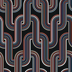 Seamless repeating pattern with interlaced wavy multicolored lines on a black background. Geometric striped design. Colorful ethnic style. Decorative vector illustration.