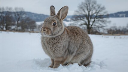 Naklejka premium Grey Home Rabbit Resting on Snow, Countryside Scene
