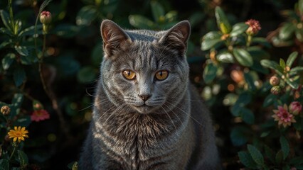Obraz premium Feline with hazel eyes and grey fur watching