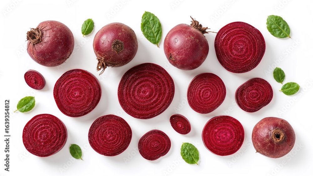 Poster cluster of whole and sliced red beetroots on a plain backdrop