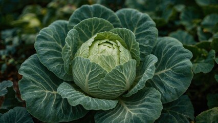 Vibrant green cabbage in a vegetable patch