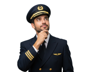 Thoughtful male pilot looking up isolated on a transparent background

