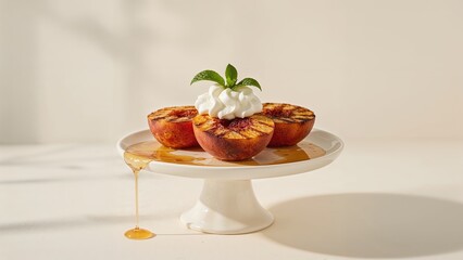 Charred organic peaches topped with whipped cream and fresh mint leaves