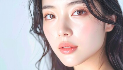 Obraz premium 日本人, 超リアル, 美しい若い女性, 長い黒髪, 自然なメイク, 白いキャミソール, 肌が輝くクローズアップ, 柔らかなライティング, 美容広告風, スタジオ背景（白）, 高解像度 Japanese, ultra-realistic, beautiful young woman, long black hair, natural makeup