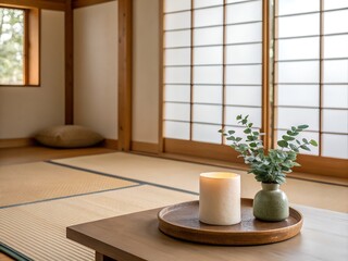 Serene Japanese Minimalist Room Interior with Candle and Plants