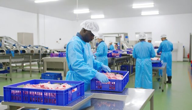 Meat processing plant workers sorting raw meat into containers.