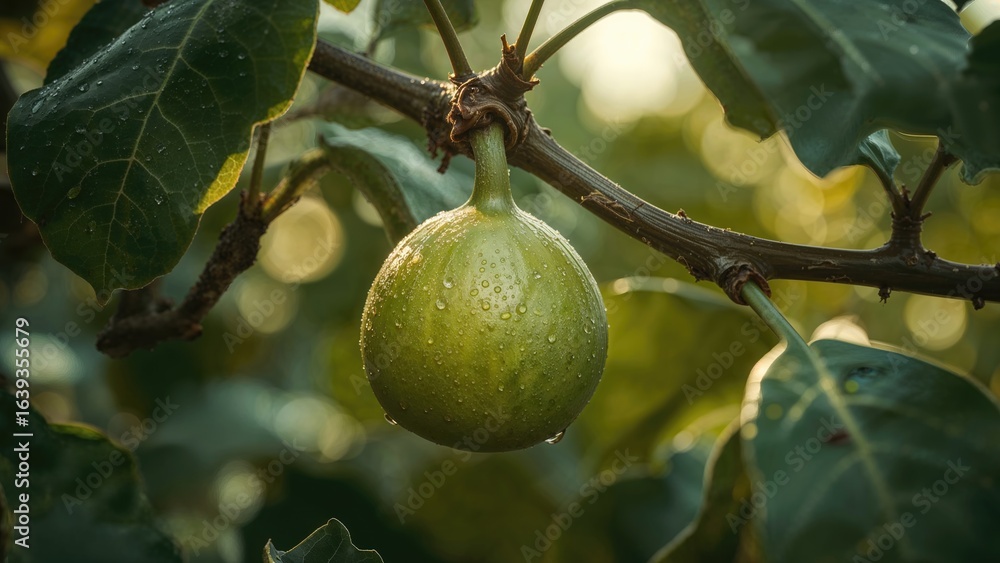 Poster a fig on a tree branch captured with a shallow depth of field and out-of-focus background