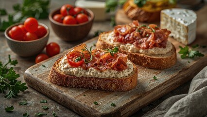 Appetizer toast with chicken rillettes, sliced ham, and fragrant herbs