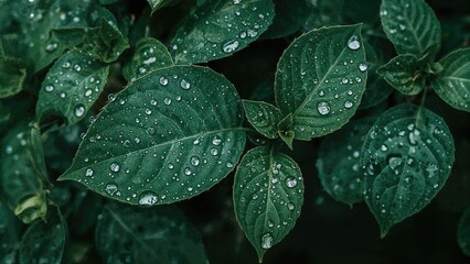 Fototapeta premium Glowing Green Leaves Adorned with Water Drops