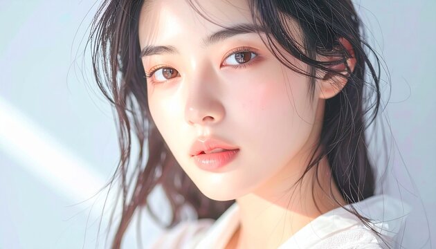 日本人, 清楚な若い女性, 横顔, ナチュラルな笑顔, 柔らかい光, 白背景, 透明感ある肌, 美容広告スタイル Japanese, modest young woman, side profile, natural smile, soft light, white background, translucent skin, beauty ad style