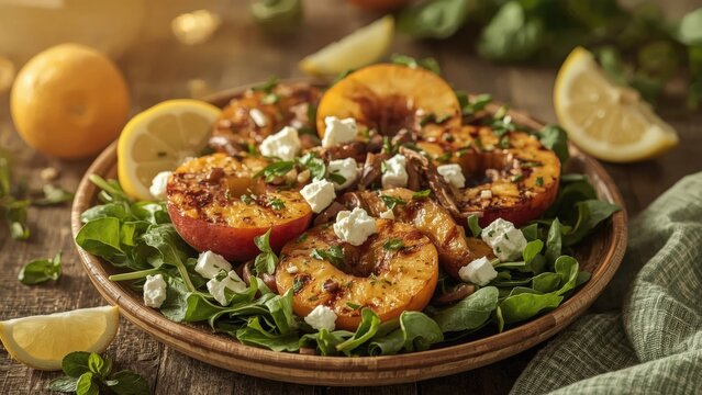 Honey lemon dressing on grilled peach and feta salad