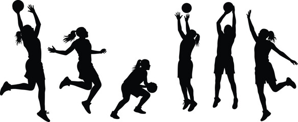 Cad drawing flat vector illustration, basketball player silhouettes, sports action poses, black and white, athletic movement, dynamic sports vector art
