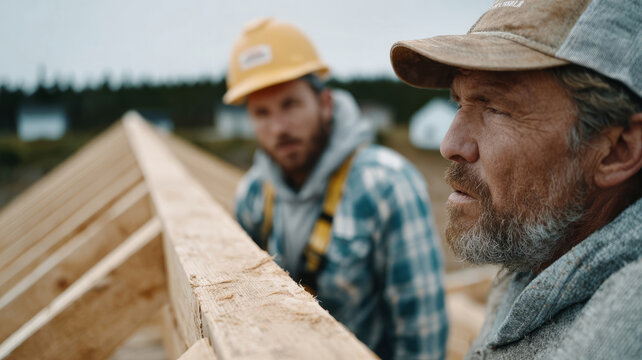 Construction workers focused on building a wooden structure. - Powered by Adobe