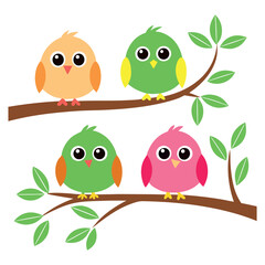 Obraz premium Four cute cartoon birds sitting on a branch isolated on white background