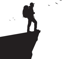 Silhouette of a hiker standing on a cliff overlooking a landscape with birds in flight