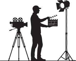 Silhouette of a film director with movie camera, clapperboard and lighting equipment