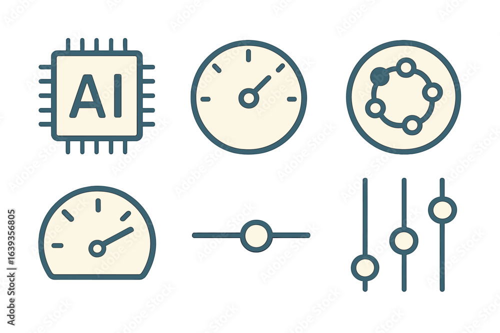 Poster Symbols representing artificial intelligence, data processing, and control systems in modern technology