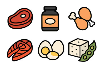 Assorted protein food items displayed, highlighting various types of meat and eggs for a balanced diet