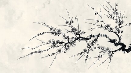 Obraz premium Delicate ink wash painting of a blossoming plum branch against a textured paper background