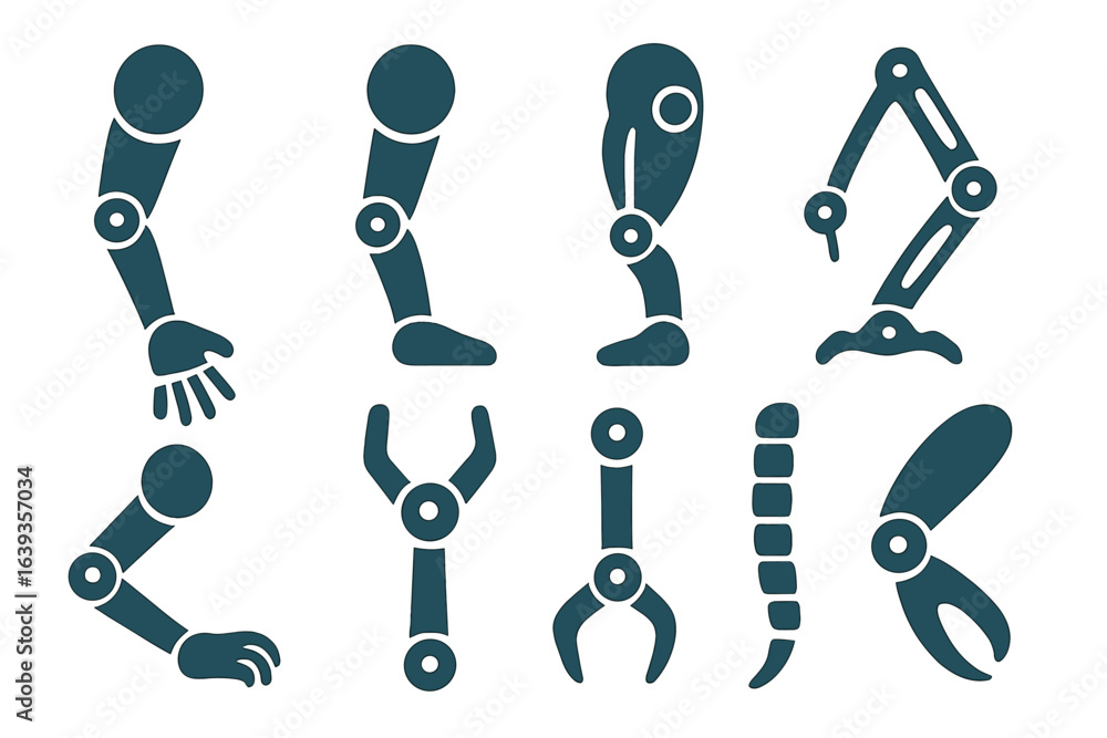 Poster various robotic arm designs showcasing different movements and functions in a futuristic setting